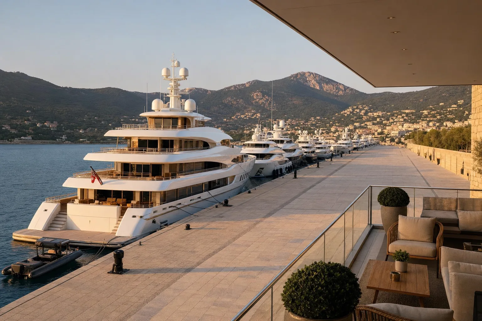Large yachts moored along a stone mole in warm evening light